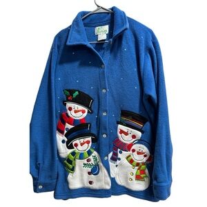 Fleece Holiday Button Up Sweater/ Cardigan, size Medium, Blue‎ Snowman Family